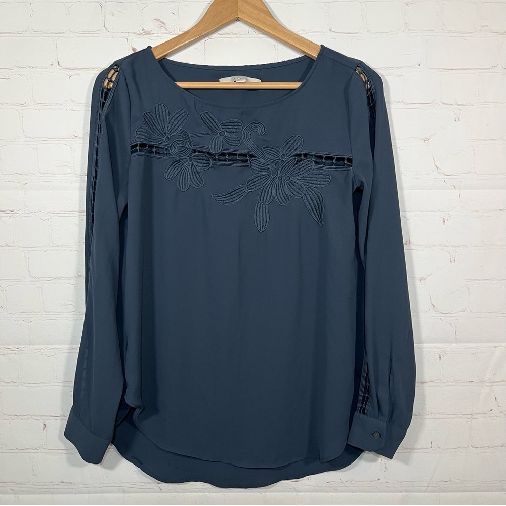 Loft Tunic Blouse Womens Size Small Blue Embroidered Floral Sheer Pullover